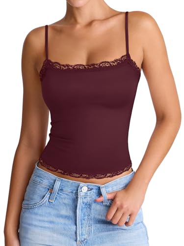PINKMSTYLE Y2K Lace Trim Square Neck Cami Top for Women Slim Fit